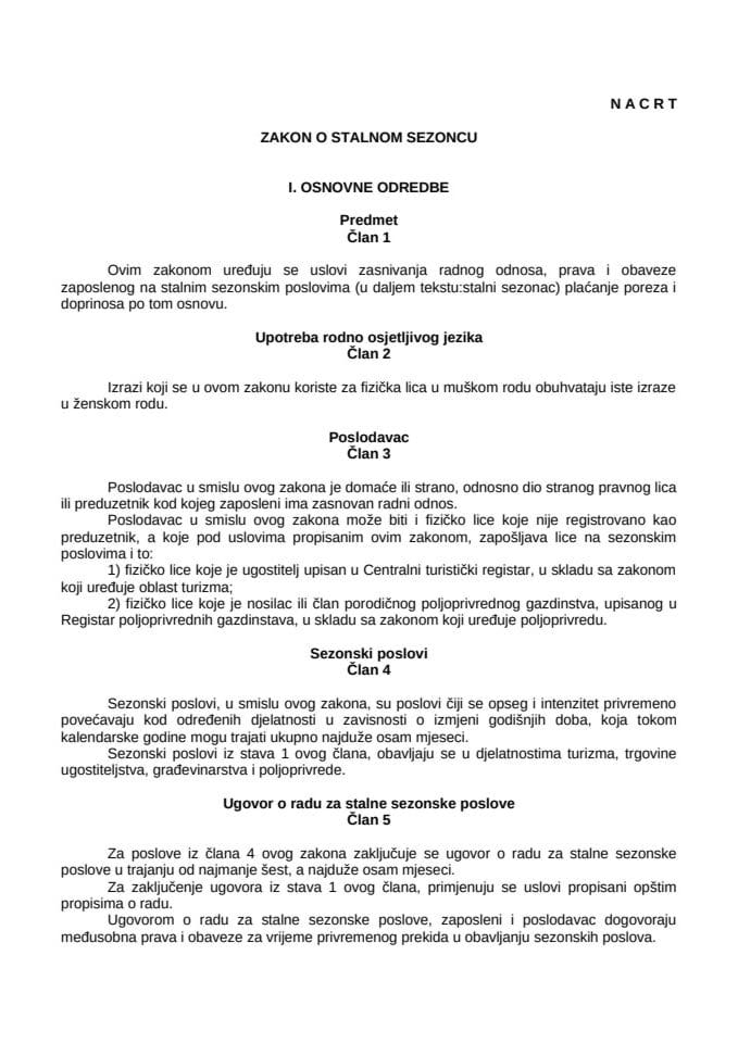 Nacrt Zakona o stalnom sezoncu