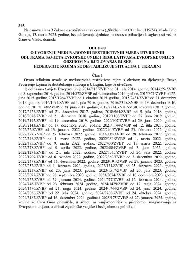 Odluka o uvođenju međunarodnih restriktivnih mjera utvrđenih odlukama Savjeta Evropske unije i regulativama Evropske unije s obzirom na djelovanja Ruske Federacije kojima se destabilizuje situacija u Ukrajini - prevod Odluke