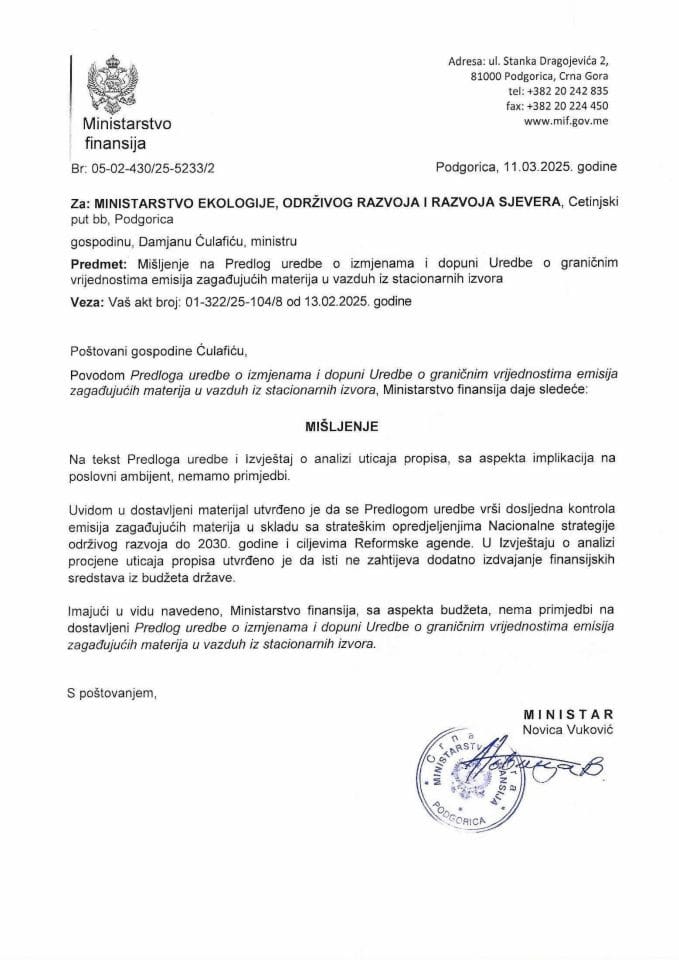 Mišljenje na Predlog uredbe o izmjenama i dopuni Uredbe o graničnim vrijednostima emisija zagađujućih materija u vazduh iz stacionarnih izvora