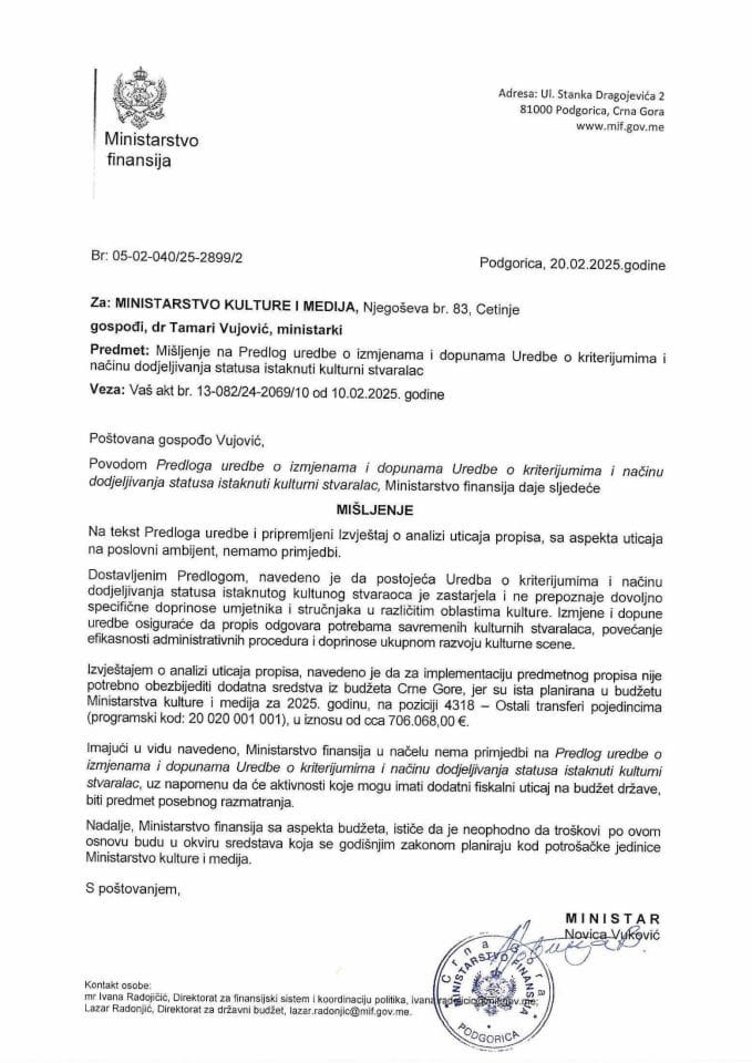 Mišljenje na Predlog uredbe o izmjenama i dopunama Uredbe o kriterijumima i načinu dodjeljivanja statusa istaknuti kulturni stvaralac