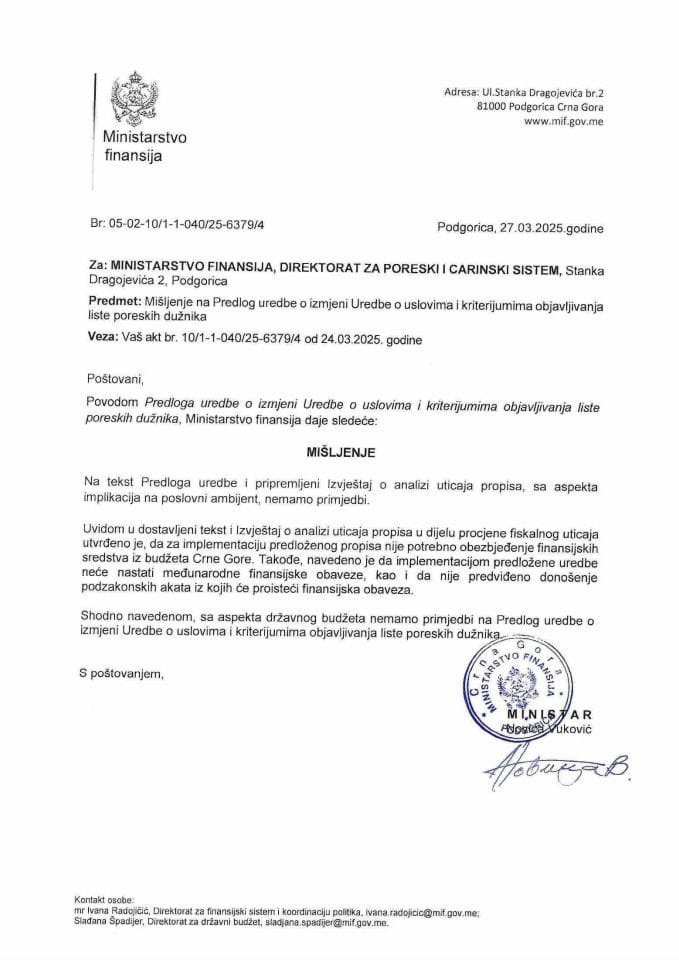 Mišljenje na Predlog uredbe o izmjeni Uredbe o uslovima i kriterijumima objavljivanja liste poreskih dužnika