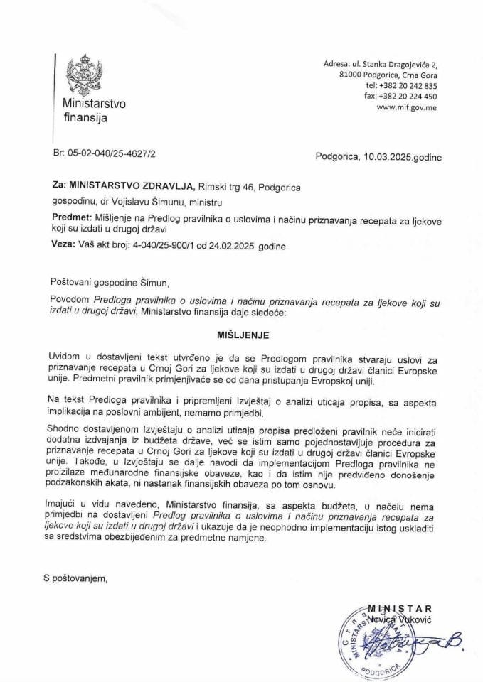 Mišljenje na Predlog pravilnika o uslovima i načinu priznavanja recepata za ljekove koji su izdati u drugoj državi