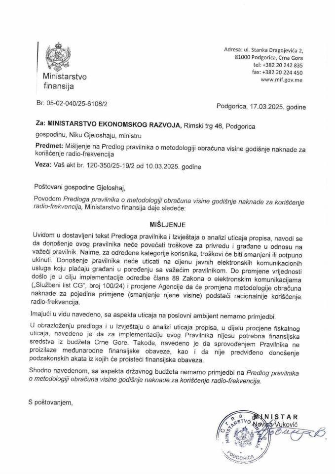Mišljenje na Predlog pravilnika o metodologiji obračuna visine godišnje naknade za korišćenje radio - frekvencija