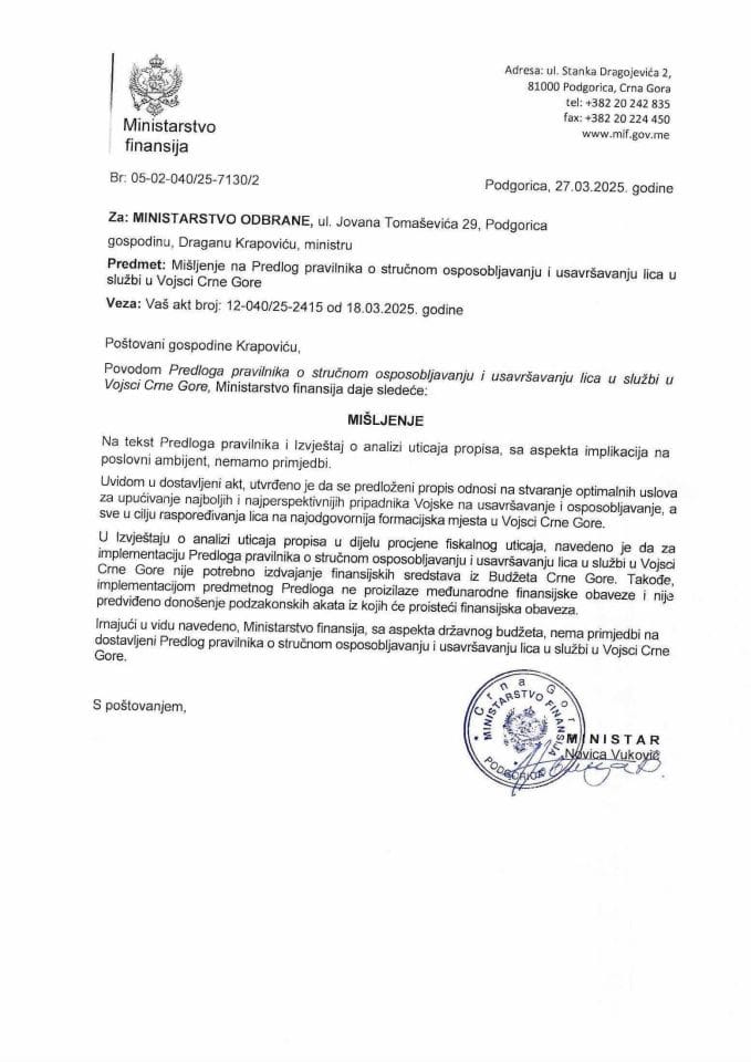 Mišljenje na Predlog pravilnika o stručnom osposobljavanju i usavršavanju lica u službi u Vojsci Crne Gore