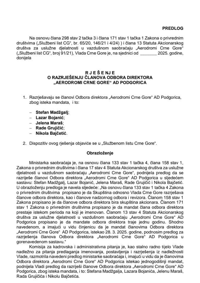 Предлог за разрјешење чланова Одбора директора „Аеродроми Црне Горе” АД Подгорица