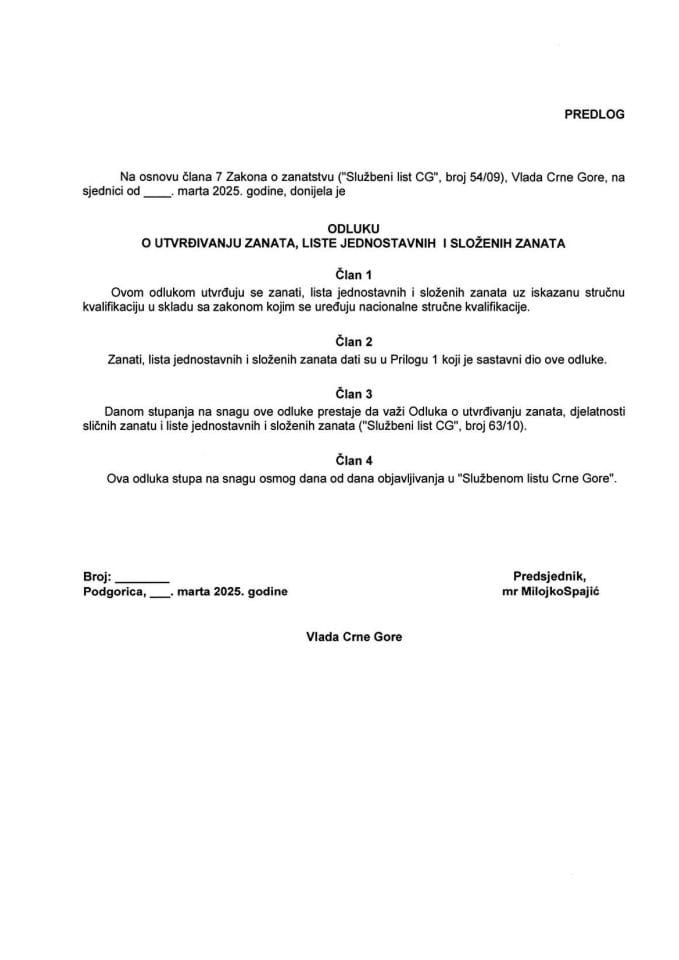 Predlog odluke o utvrđivanju zanata, liste jednostavnih i složenih zanata