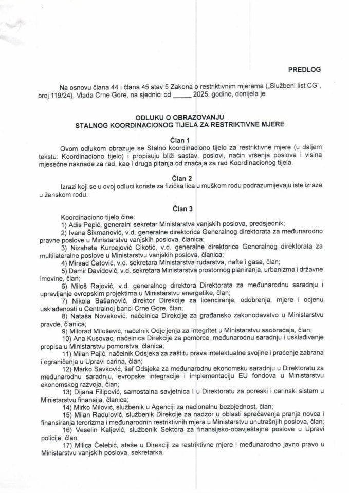 Предлог одлуке о образовању Сталног координационог тијела за рестриктивне мјере