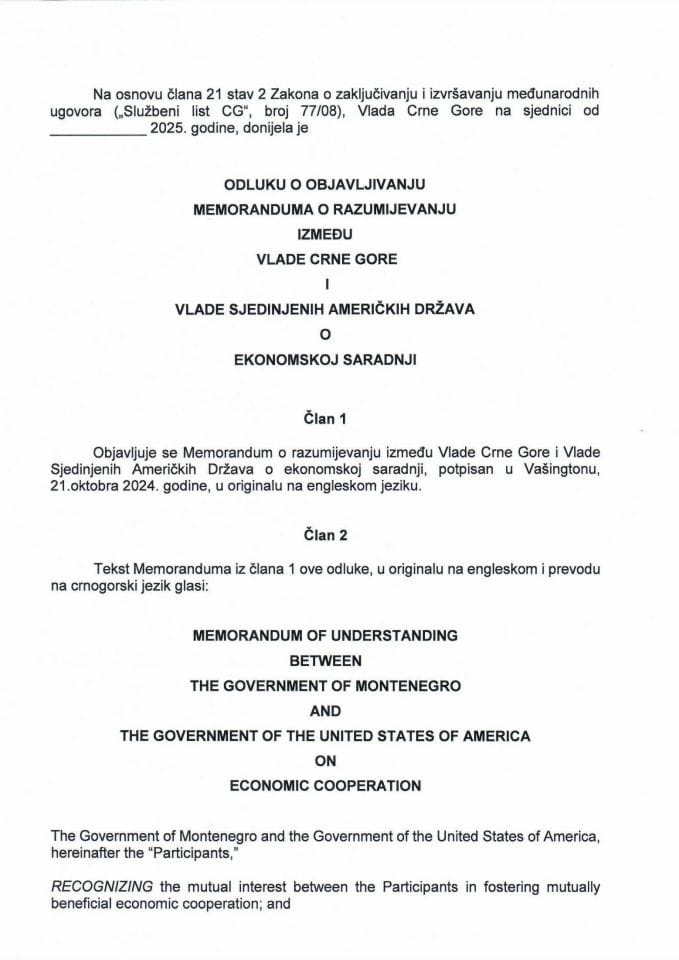 Предлог одлуке о објављивању Меморандума о разумијевању између Владе Црне Горе и Владе Сједињених Америчких Држава о економској сарадњи
