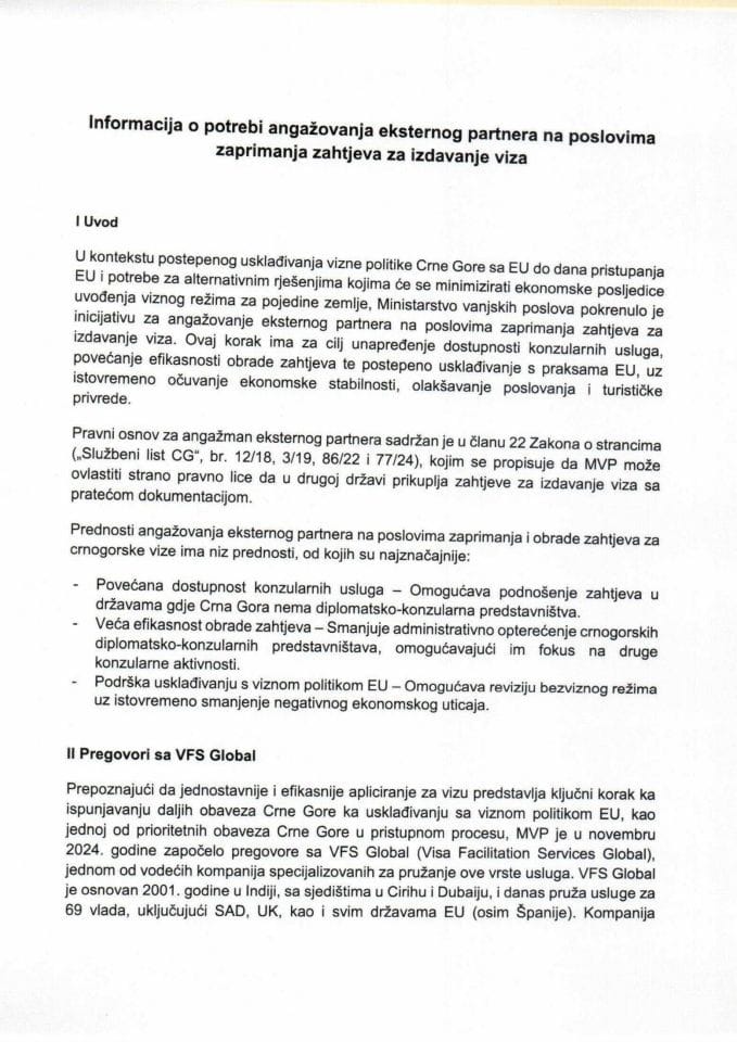Informacija o potrebi angažovanja eksternog partnera na poslovima zaprimanja zahtjeva za izdavanje viza