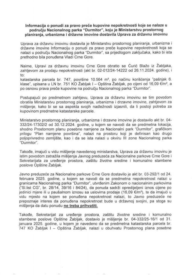Informacija o ponudi za pravo preče kupovine nepokretnosti koje se nalaze u području Nacionalnog parka „Durmitor“