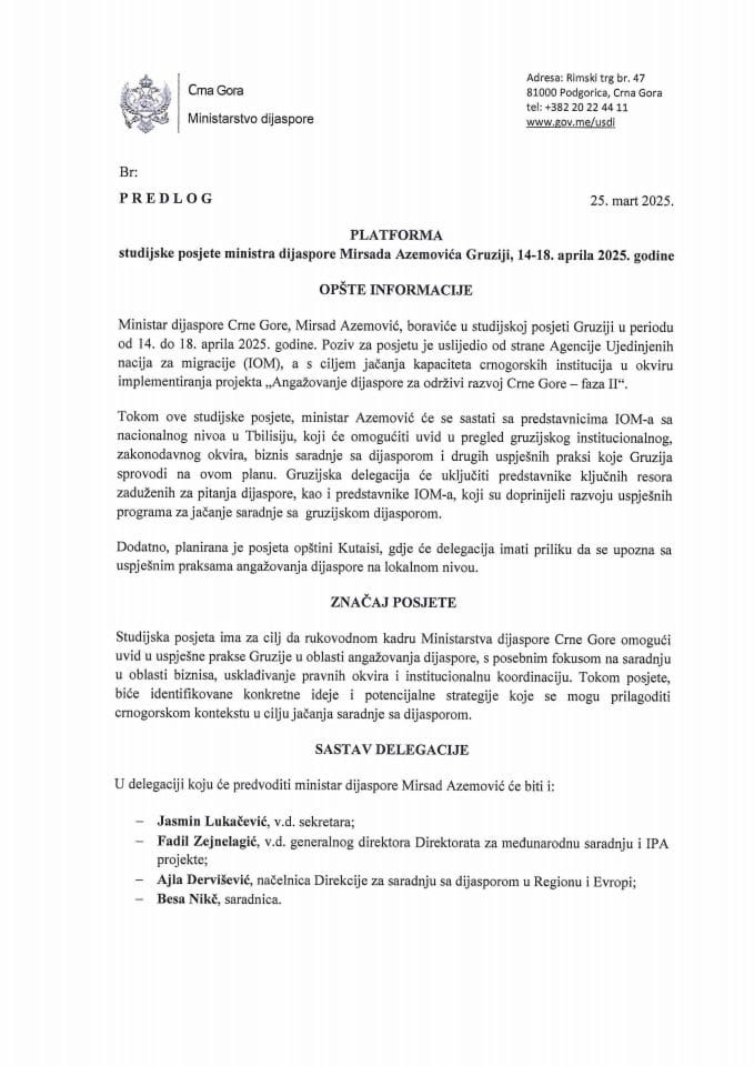Predlog platforme za posjetu ministra dijaspore Mirsada Azemovića Gruziji, 14-18. aprila 2025. godine