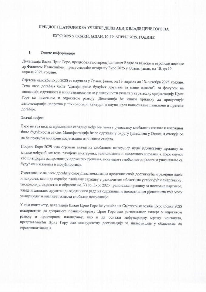 Предлог платформе за учешће делегације Владе Црне Горе на Expo 2025 у Осаки, Јапан, од 10. до 19. априла 2025. године