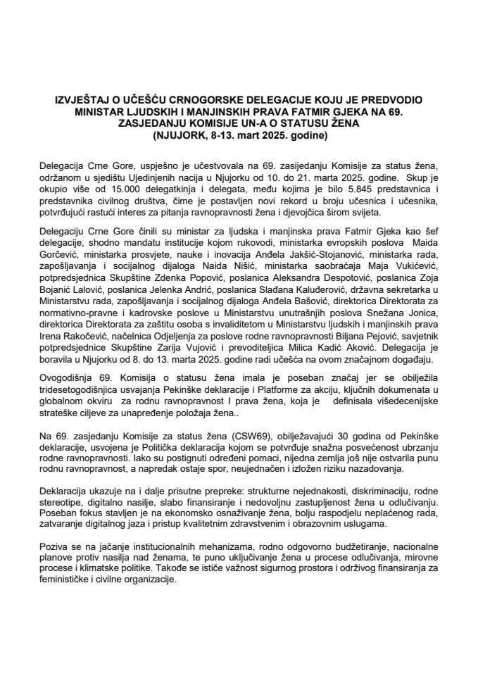 Izvještaj o učešću crnogorske delegacije koju je predvodio ministar ljudskih i manjinskih prava Fatmir Gjeka na 69. zasjedanju Komisije UN-a o statusu žena, Njujork, 8-13. mart 2025. godine