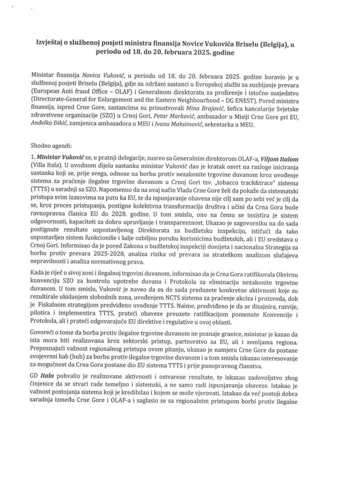 Izvještaj o službenoj posjeti ministra finansija Novice Vukovića Briselu (Belgija), u periodu od 18. do 20. februara 2025. godine