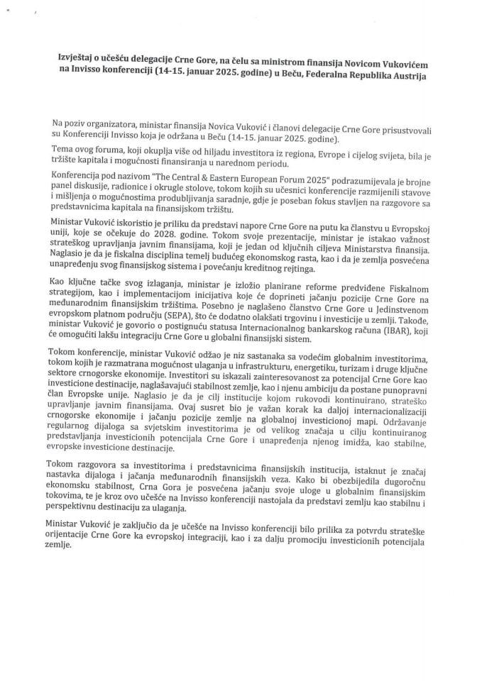Izvještaj o učešću delegacije Crne Gore, na čelu sa ministrom finansija Novicom Vukovićem na Invisso konferenciji (14-15. januar 2025. godine) u Beču, Federalna Republika Austrija