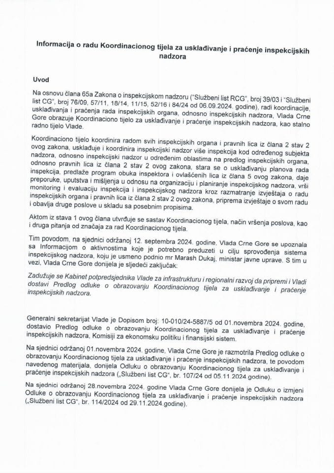 Informacija o radu Koordinacionog tijela za usklađivanje i praćenje inspekcijskih nadzora