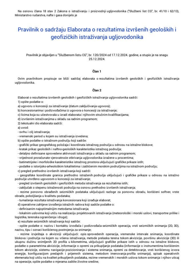 Pravilnik o sadrzaju Elaborata o rezultatima
