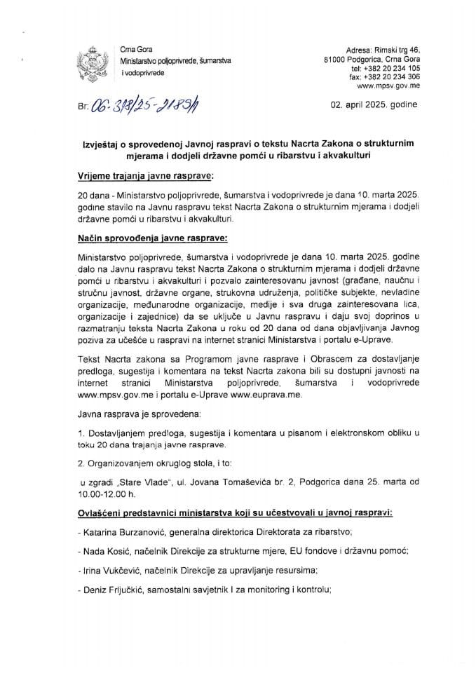 Izvještaj o sprovedenoj javnoj raspravi - Nacrt zakona o strukturnim mjerama i dodjeli državne pomoći