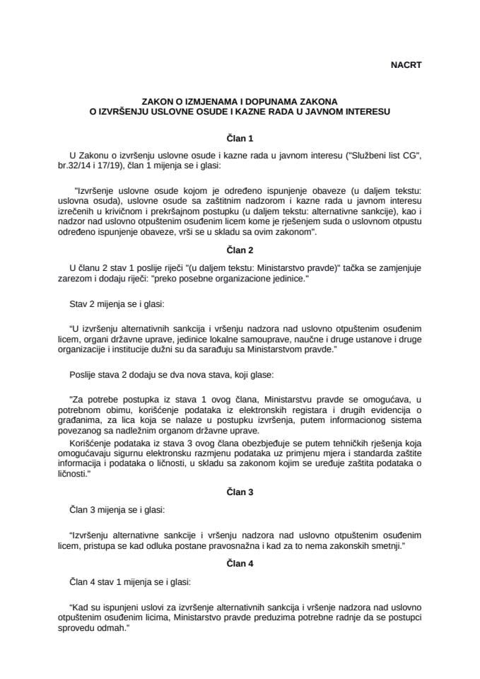 Nacrt Zakona o izvršenju uslovne osude i kazne rada u javnom interesu