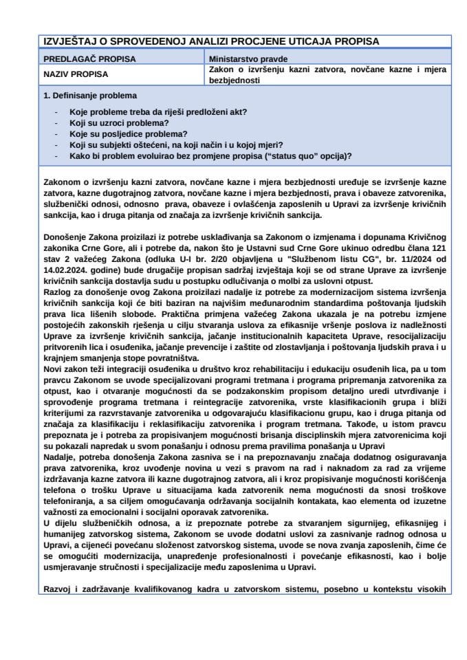 RIA za Zakon o izvršenju kazni zatvora, novčane kazne i mjera bezbjednosti