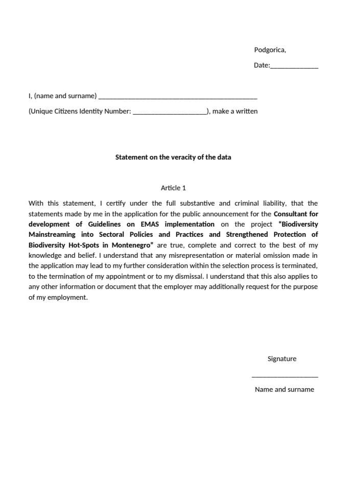 Министарство екологије, одрживог развоја и развоја сјевера расписује јавни оглас за позицију консултанта за израду Водича за ЕМАС у оквиру ГЕФ 7 пројекта - Аннеx-2-статемент_Цонсултант Гуиделинес фор ЕМАС