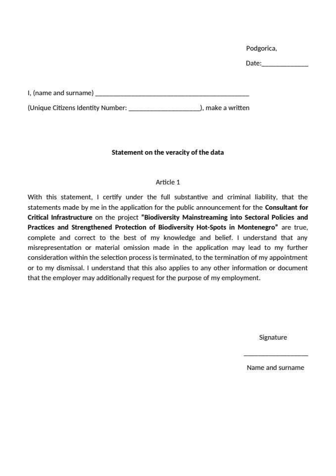 Ministarstvo ekologije, održivog razvoja i razvoja sjevera raspisuje javni oglas za poziciju konsultanta za kritičnu infrastrukturu u okviru GEF 7 projekta annex-2-statement_Consultant for Critical Infrastructure