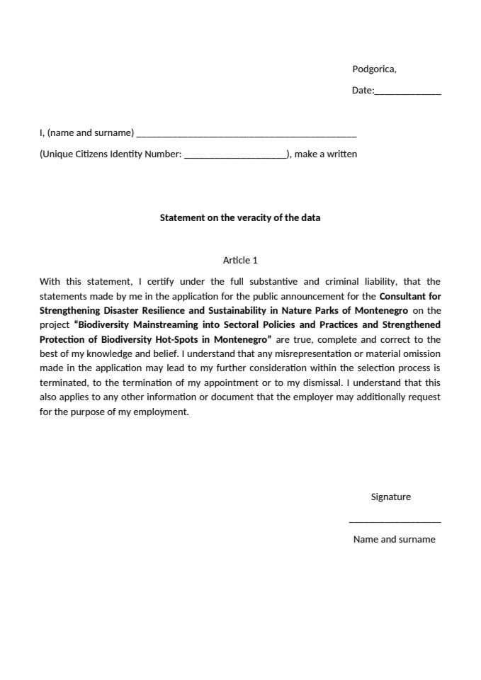 Министарство екологије, одрживог развоја и развоја сјевера расписује јавни оглас за позицију консултанта за јачање отпорности на катастрофе и одрживост паркова природе Црне Горе у оквиру ГЕФ - Аннеx-2-статемент_ДРР Wилдфирес ин ПАс