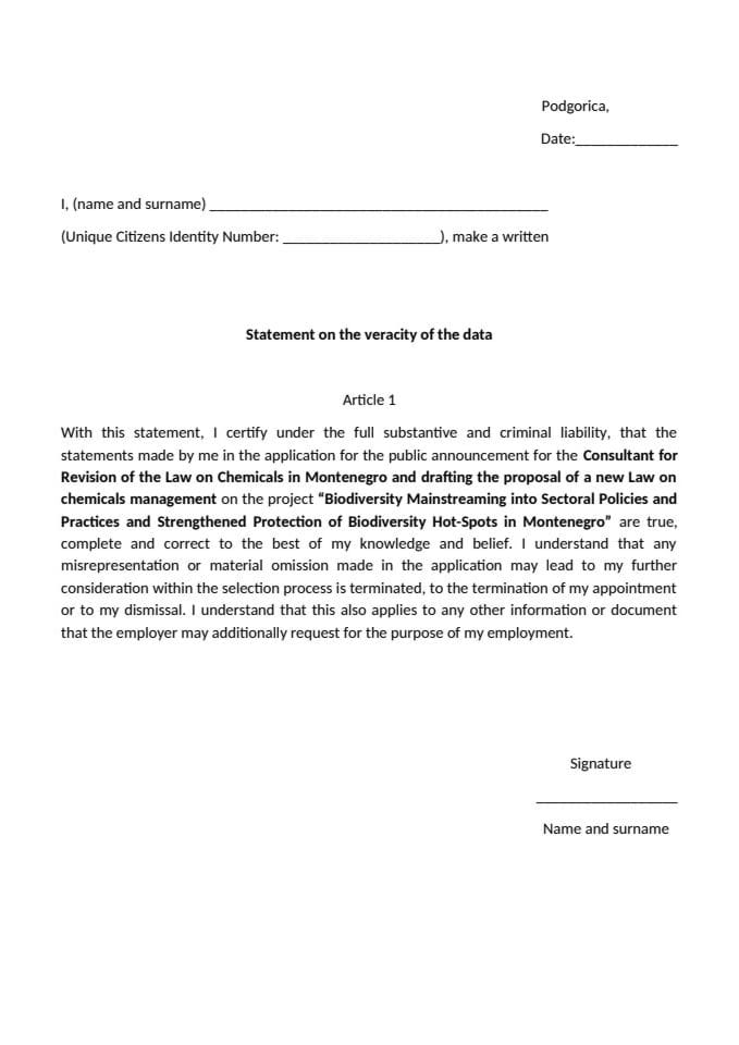 Ministarstvo ekologije, održivog razvoja i razvoja sjevera raspisuje javni oglas za poziciju konsultanta za izradu zakona o izmjenama i dopunama zakona o hemikalijama u okviru GEF 7 projekta - Annex-2-statement_Consultant Law on Chemicals