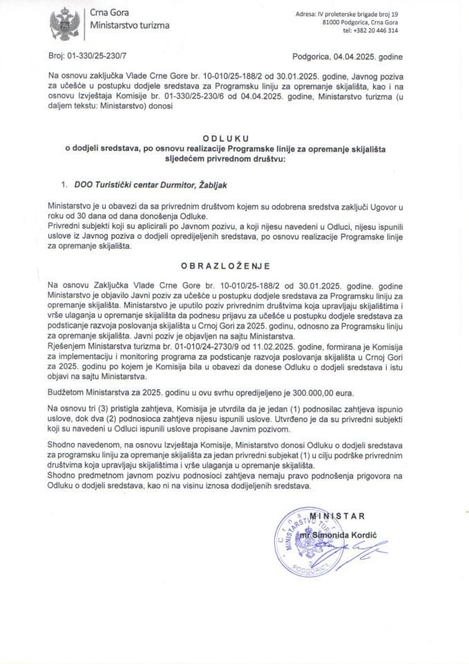 Odluka o dodjeli sredstava, po osnovu realizacije Programske linije za opremanje skijališta