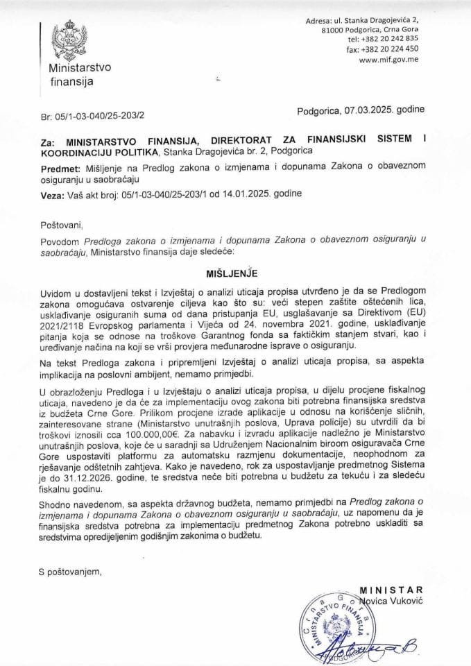 Mišljenje na Predlog zakona o izmjenama i dopunama Zakona o obaveznom osiguranju u saobraćaju