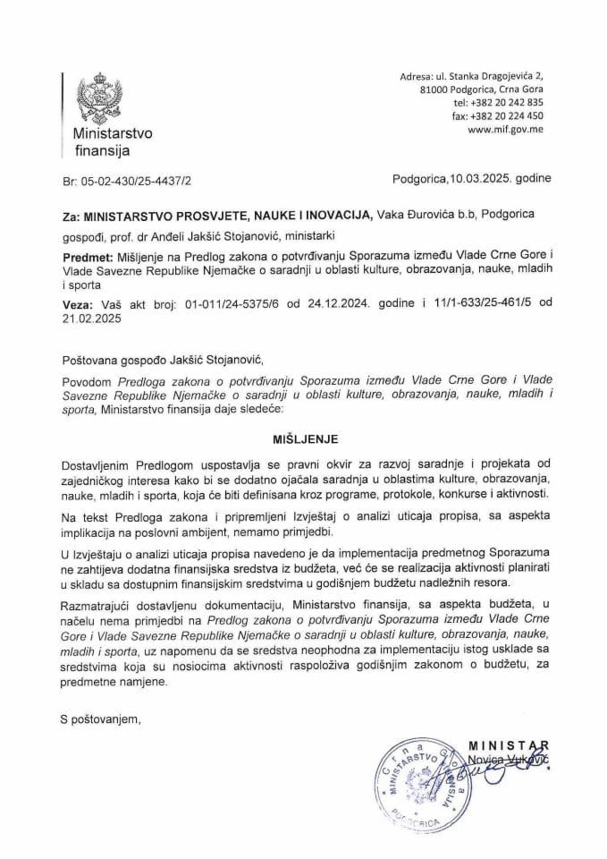 Mišljenje na Predlog zakona o potvrđivanju Sporazuma između Vlade Crne Gore i Vlade Savezne Republike Njemačke o saradnji u oblasti kulture, obrazovanja, nauke, mladih i sporta