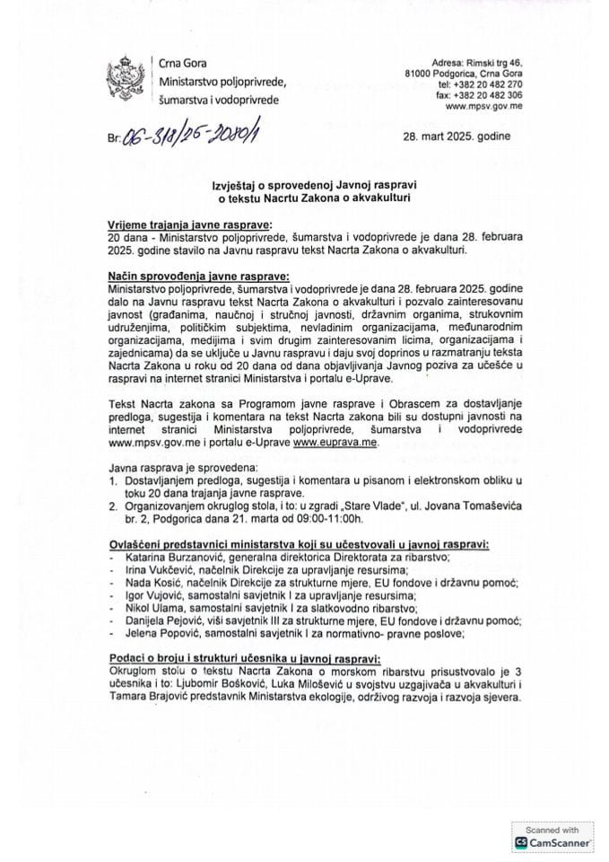 Izvjestaj o sprovedenoj javnoj raspravi - Zakon o akvakulturi