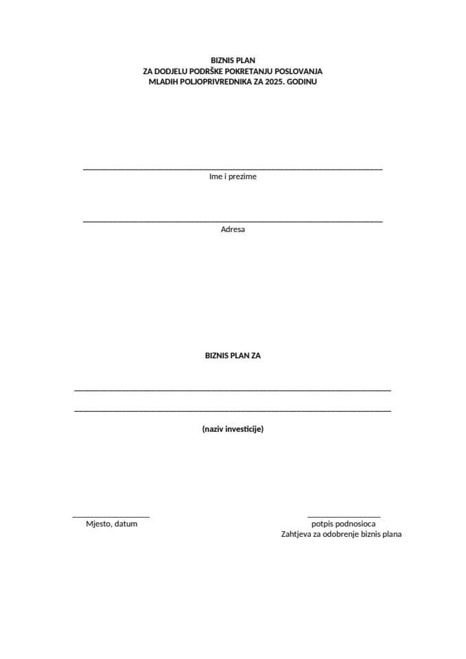 3. Biznis plan za dodjelu podrške pokretanju poslovanja mladih poljoprivrednika za 2025. godinu
