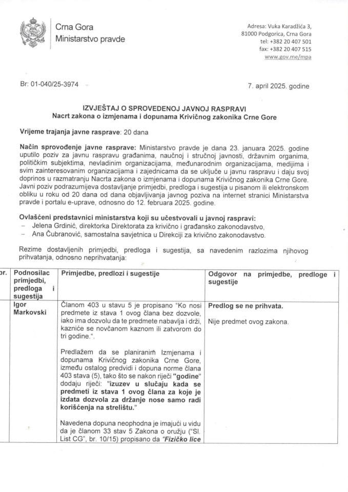 Izvještaj o sprovedenoj javnoj raspravi_Nacrt zakona o izmjenama i dopunama Krivičnog zakonika Crne Gore