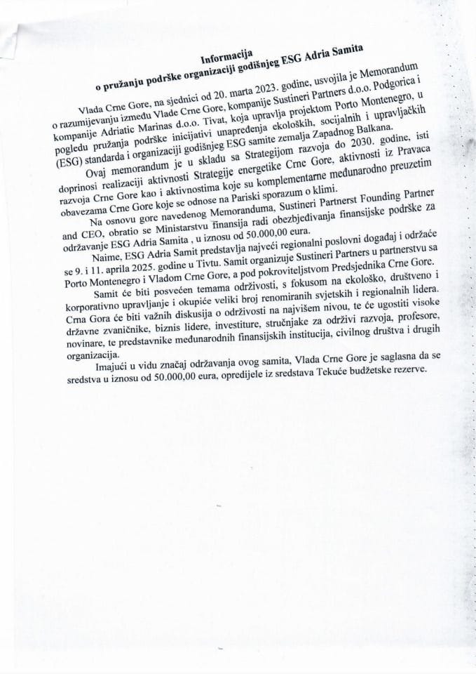 Informacija o pružanju podrške organizaciji godišnjeg ESG Adria Samita
