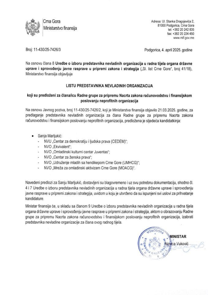 Листа представника који су предложени за члана\ицу Радне групе за припрему Нацрта закона о рачуноводству и финансијском пословању непрофитних опрганизација