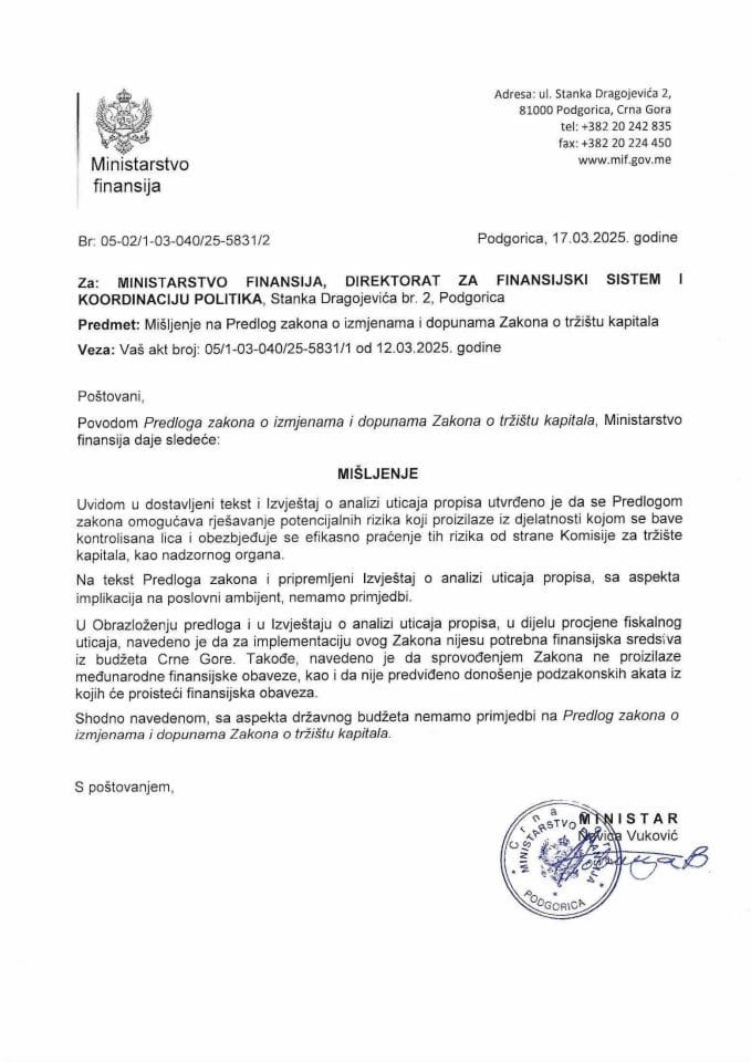 Mišljenje na Predlog zakona o izmjenama i dopunama Zakona o tržištu kapitala