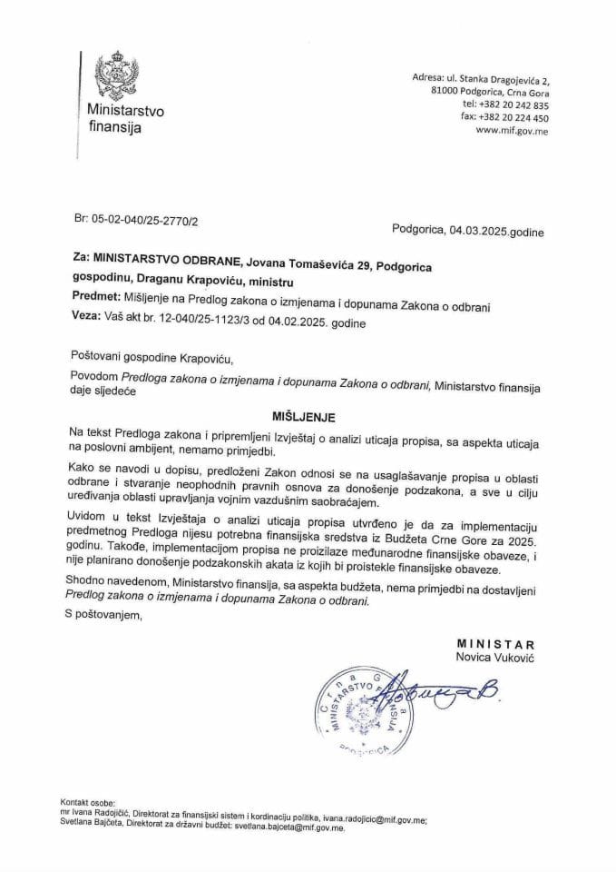 Mišljenje na Predlog zakona o izmjenama i dopunama Zakona o odbrani