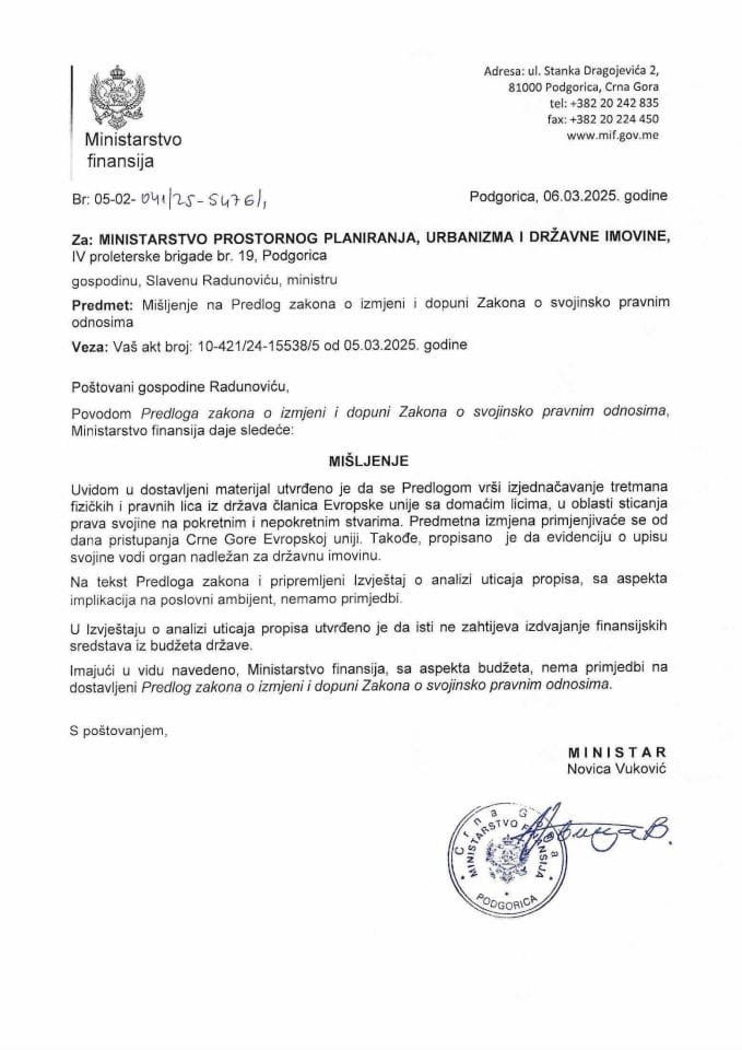 Mišljenje na Predlog zakona o izmjeni i dopuni Zakona o svojinsko pravnim odnosima