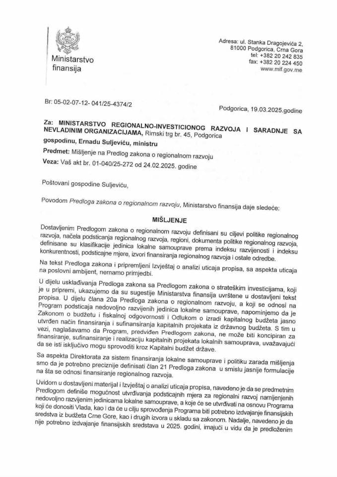 Mišljenje na Predlog zakona o regionalnom razvoju