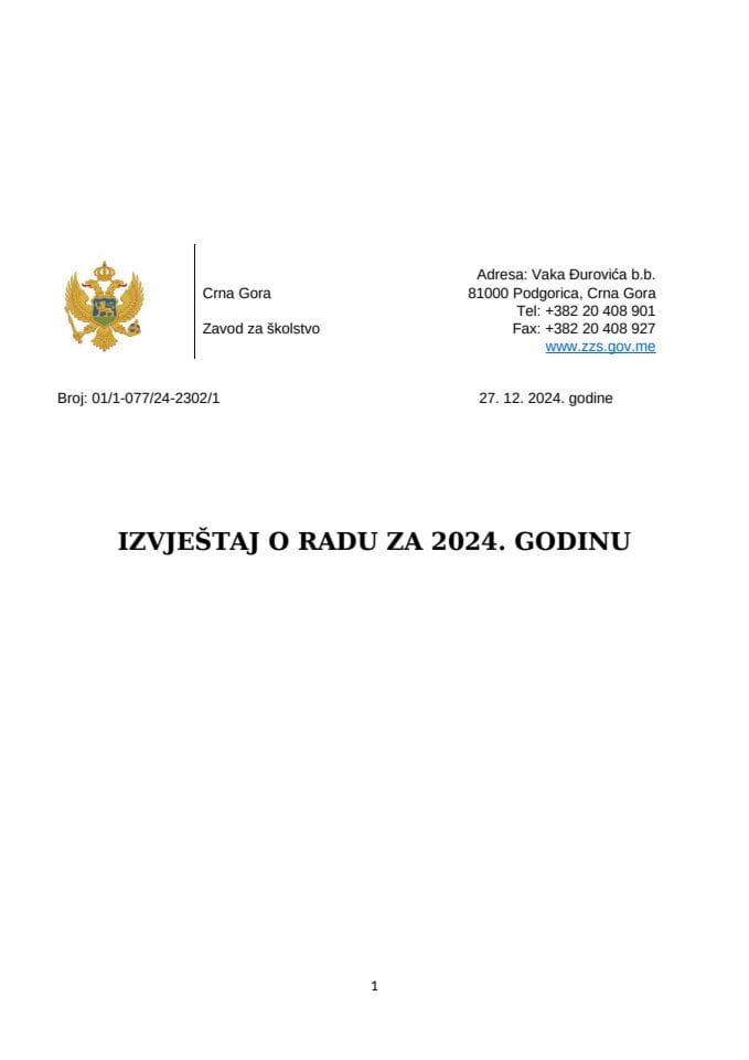 Izvještaj o radu ZZŠ za 2024. godinu