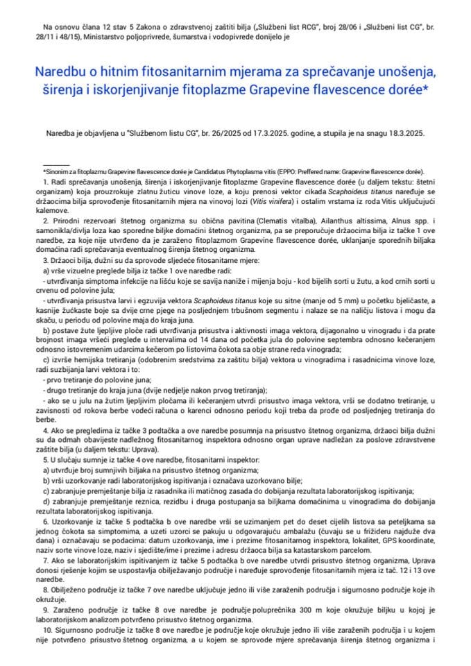 Naredba o hitnim fitosanitarnim mjerama za sprečavanje unošenja, širenja i iskorjenjivanje fitoplazme Grapevine flavescence doree