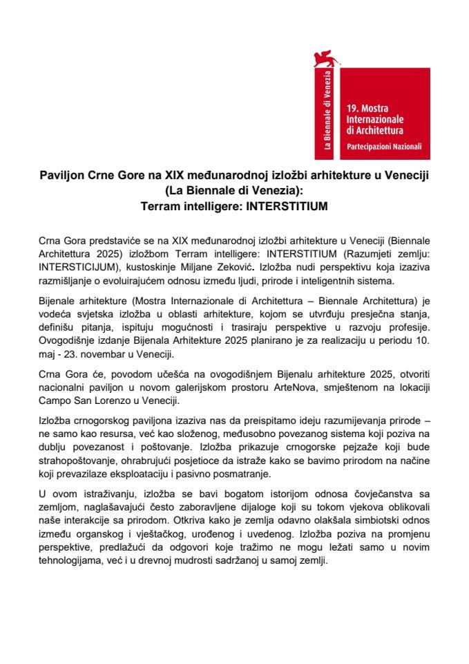 Informacije o crnogorskoj izložbi na 19. Bijenalu arhitekture u Veneciji