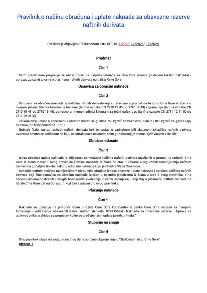 Pravilnik o nacinu obracuna i uplate naknade