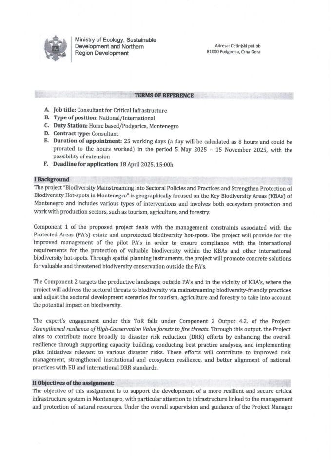 Ministarstvo ekologije, održivog razvoja i razvoja sjevera raspisuje javni oglas za poziciju konsultanta za kritičnu infrastrukturu u okviru GEF 7 projekta TOR_Critical Infrastructure