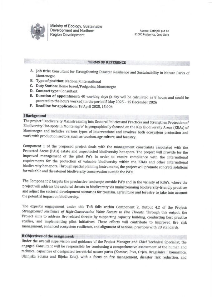 Министарство екологије, одрживог развоја и развоја сјевера расписује јавни оглас за позицију консултанта за јачање отпорности на катастрофе и одрживост паркова природе Црне Горе у оквиру ГЕФ ТОР_Дисастер Ресилиенце
