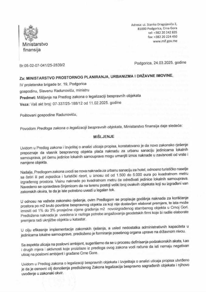 Mišljenje na Predlog zakona o legalizaciji bespravnih objekata