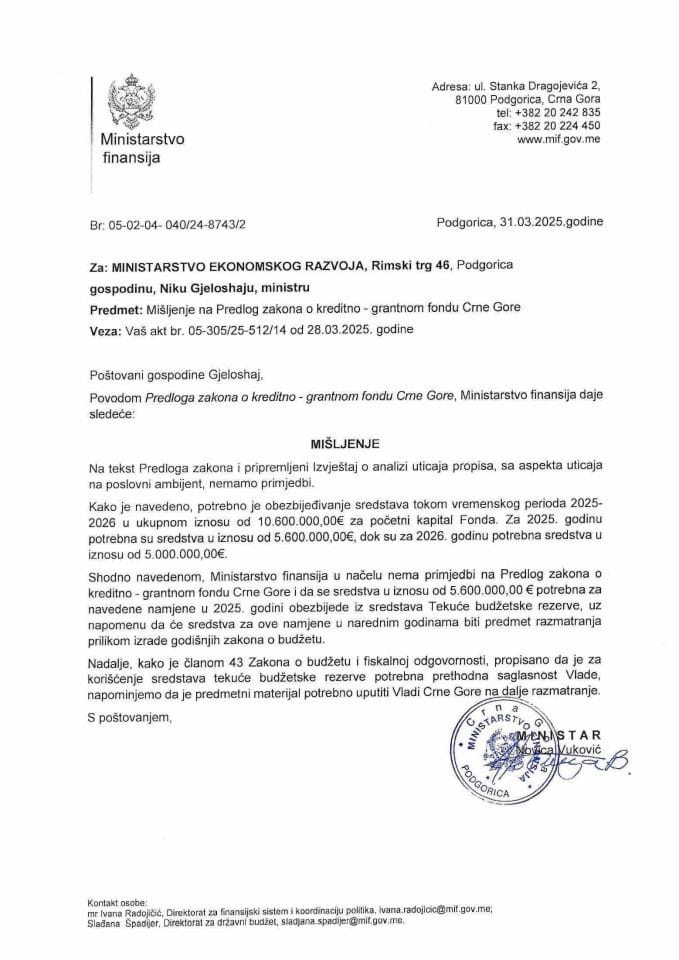 Mišljenje na Predlog zakona o kreditno-garantnom fondu Crne Gore