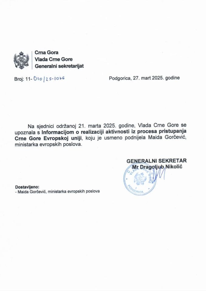 Усмена информација о реализацији активности из процеса приступања Црне Горе Европској унији - закључци