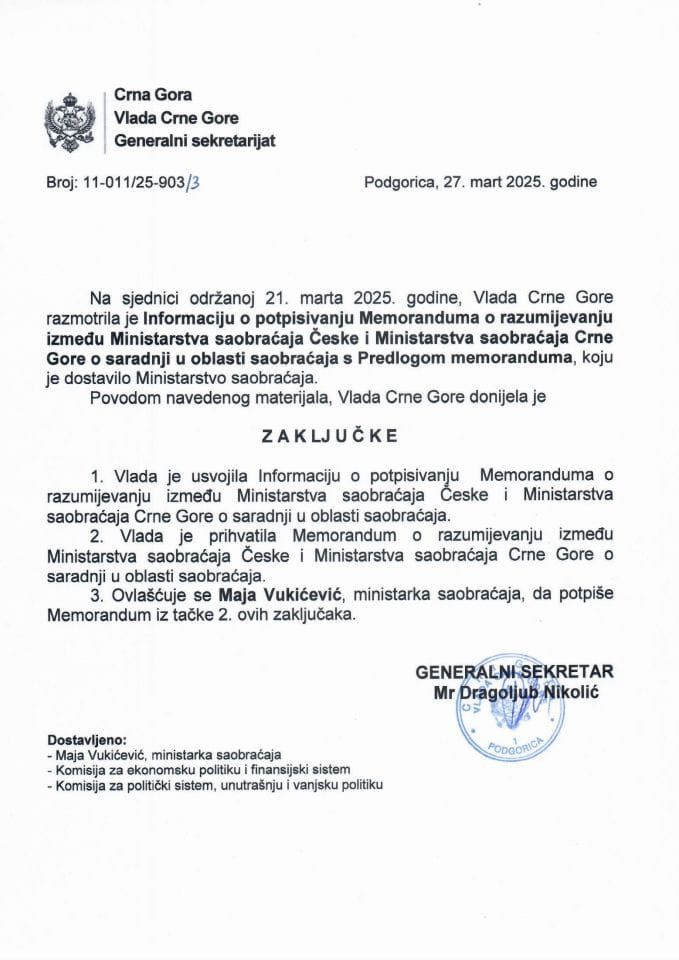 Информација о потписивању Меморандума о разумијевању између Министарства саобраћаја Чешке и Министарства саобраћаја Црне Горе о сарадњи у области саобраћаја с Предлогом меморандума - закључци